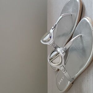 DKNY Silver Metallic Logo Thong Sandals